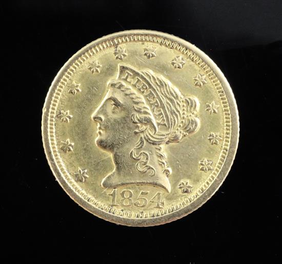 A gold copy of a two and a half dollar Quarter Eagle, 1854, Liberty Head, 4.1g,